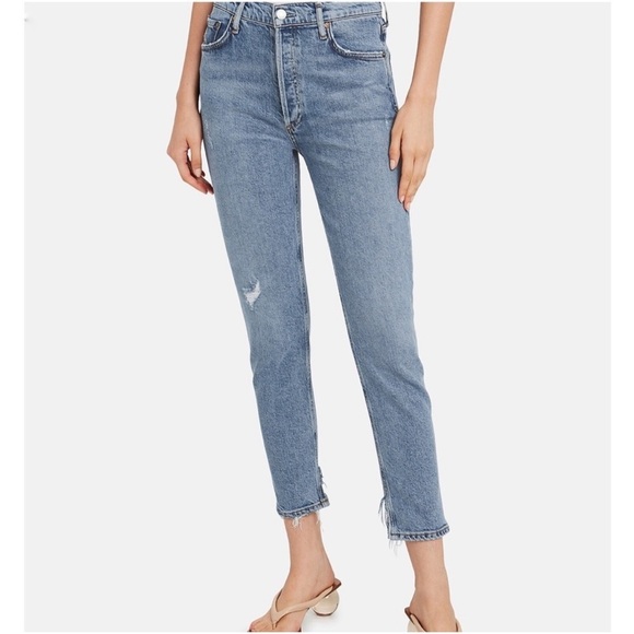 AGOLDE Nico High-Rise Skinny Jeans Distressed Light Indigo Raw Hem Button Fly 23 - Picture 15 of 15